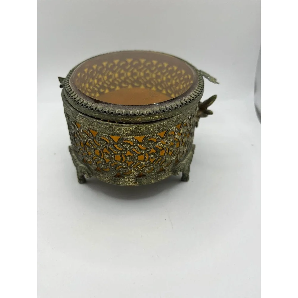 Vintage Ornate Filigree Jewelry Box Amber‎ Glass Oval Footed Trinket Casket